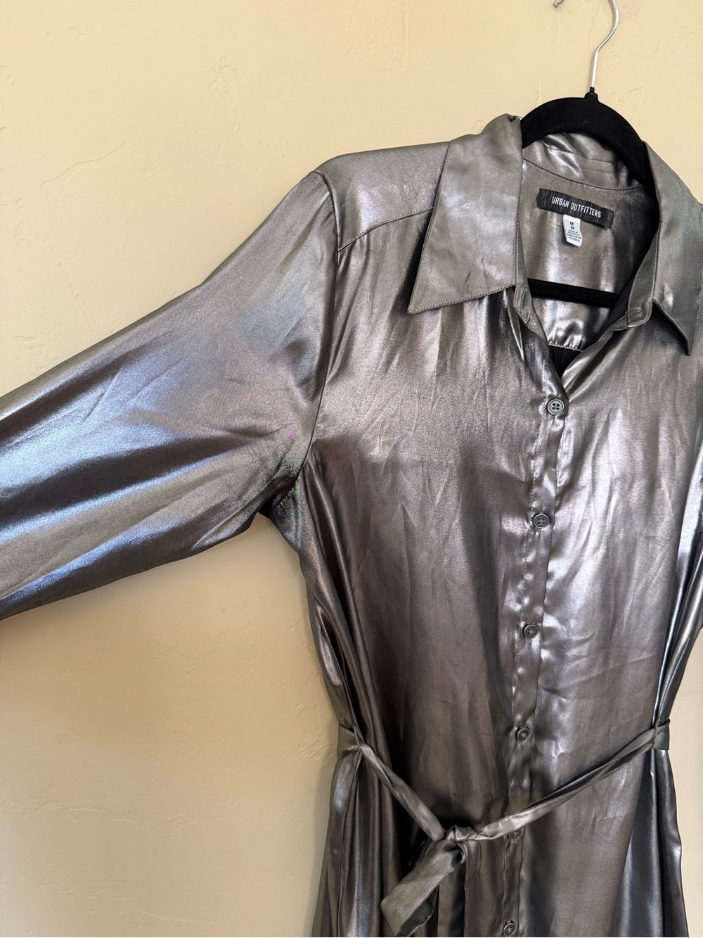 Urban Outfitters Metallic Silver Shirt Dress | Tie Waist Party Mini | Size M - Picture 8 of 9